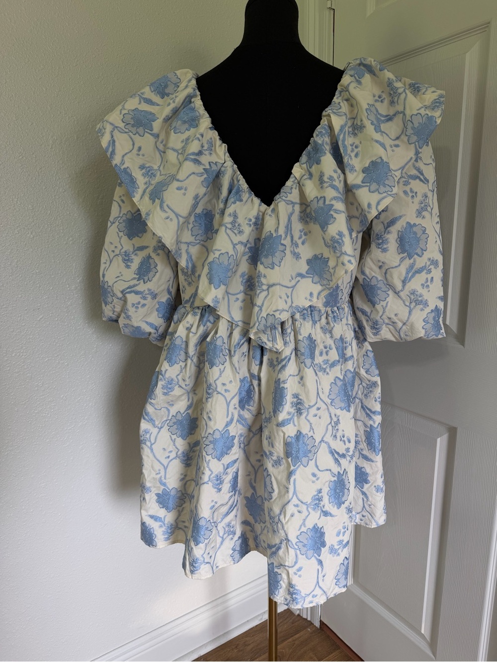 ASOS Edition Blue Floral Jacquard Babydoll Mini Dress Puff Sleeve Ruffle US 12 - Picture 7 of 13